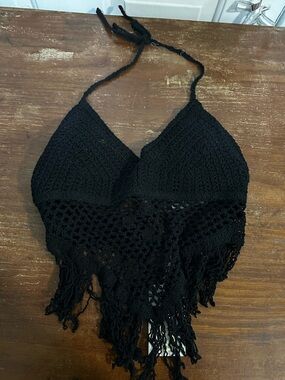 Black Crochet Fringe Halter Crop Top